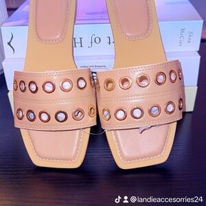 Tan Slide Sandals with Gold Accents